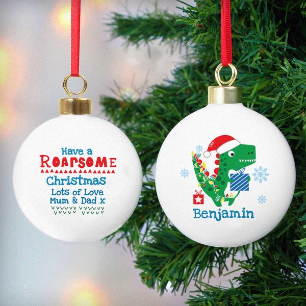 Modal Additional Images for Personalised Dinosaur 'Have a Roarsome Christmas' Bauble