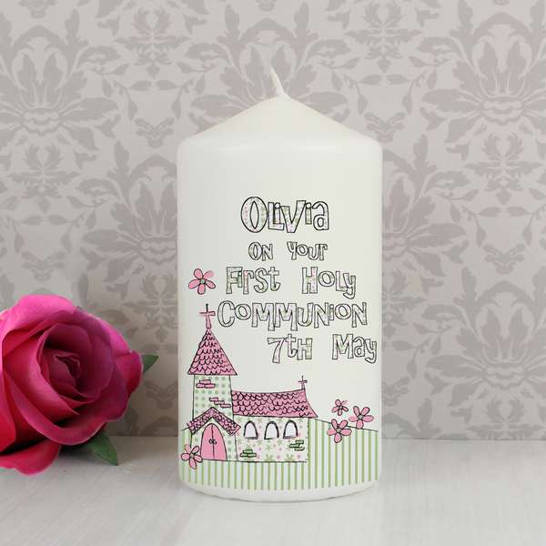 (image for) Personalised Whimsical Church Pink 1st Holy Communion Candle - Click Image to Close