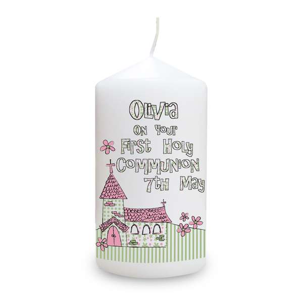 (image for) Personalised Whimsical Church Pink 1st Holy Communion Candle - Click Image to Close