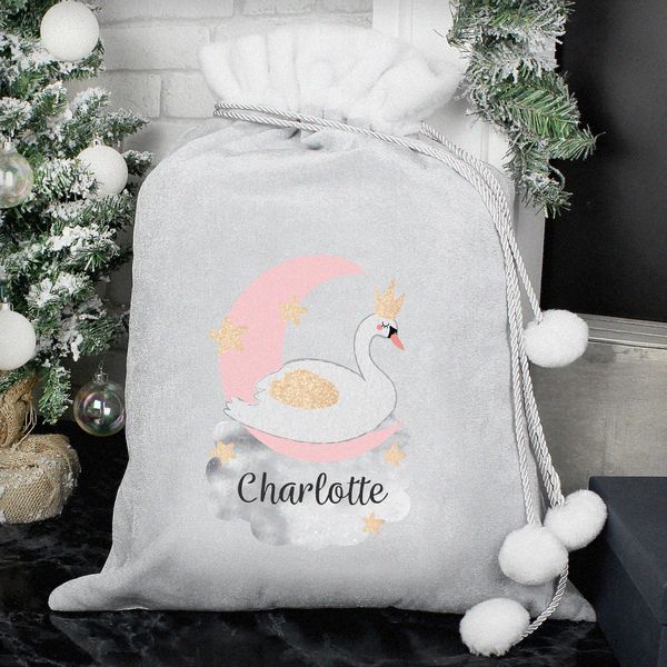(image for) Personalised Swan Lake Luxury Silver Grey Pom Pom Sack - Click Image to Close