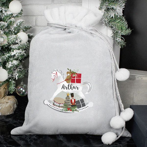 (image for) Personalised Rocking Horse Luxury Silver Grey Pom Pom Sack - Click Image to Close