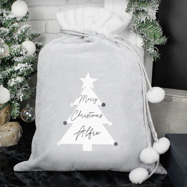 (image for) Personalised Christmas Tree Luxury Silver Grey Pom Pom Sack - Click Image to Close
