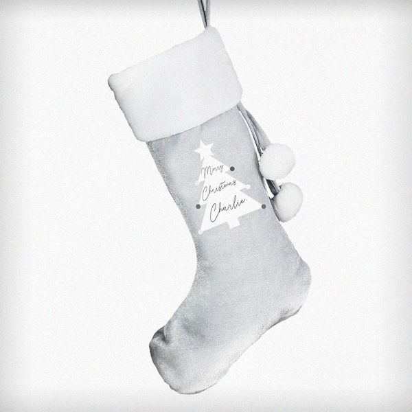 (image for) Personalised Christmas Tree Luxury Silver Grey Stocking - Click Image to Close