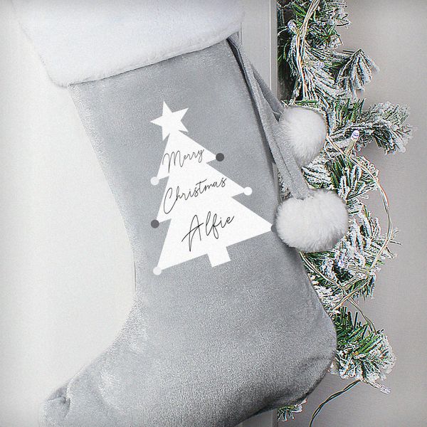 (image for) Personalised Christmas Tree Luxury Silver Grey Stocking - Click Image to Close