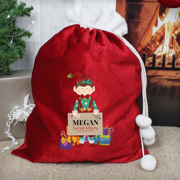 (image for) Personalised Christmas Elf Luxury Pom Pom Sack - Click Image to Close