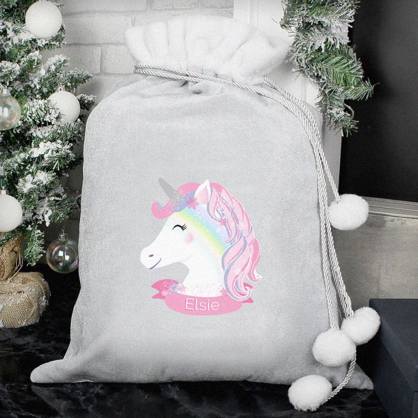 Modal Additional Images for Personalised Christmas Unicorn Luxury Silver Grey Pom Pom Sack