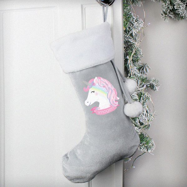 (image for) Personalised Christmas Unicorn Luxury Silver Grey Stocking - Click Image to Close