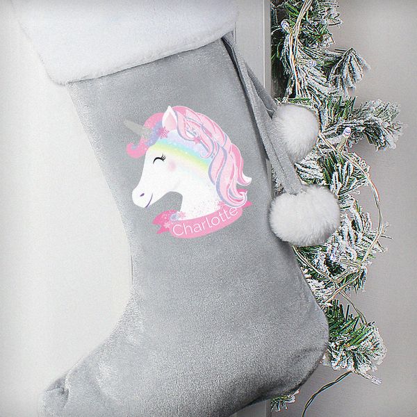 (image for) Personalised Christmas Unicorn Luxury Silver Grey Stocking - Click Image to Close