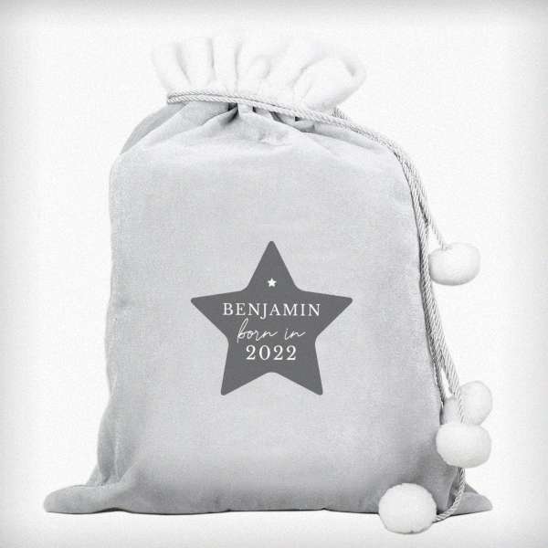 (image for) Personalised Born In Luxury Silver Grey Pom Pom Sack - Click Image to Close