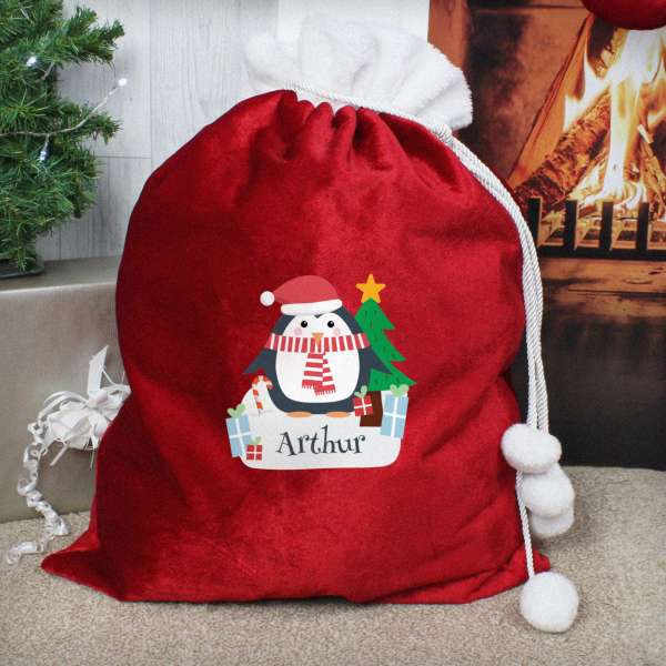 (image for) Personalised Christmas Penguin Luxury Pom Pom Red Sack - Click Image to Close