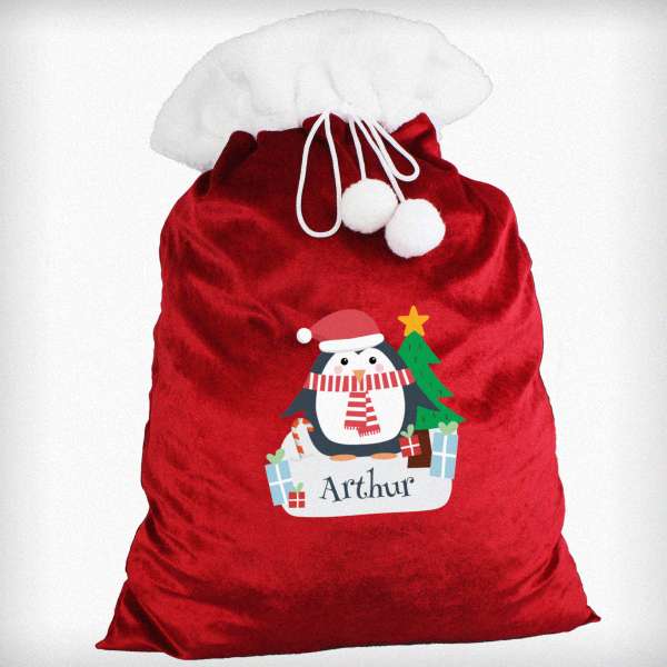 Modal Additional Images for Personalised Christmas Penguin Luxury Pom Pom Red Sack