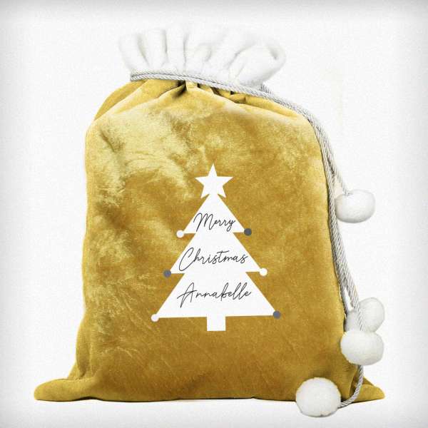 (image for) Personalised Christmas Tree Luxury Pom Pom Gold Sack - Click Image to Close