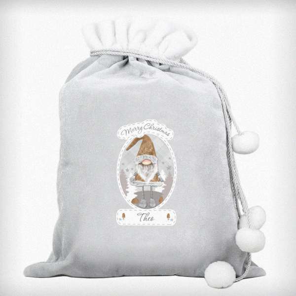 (image for) Personalised Christmas Gonk Luxury Silver Grey Pom Pom Sack - Click Image to Close