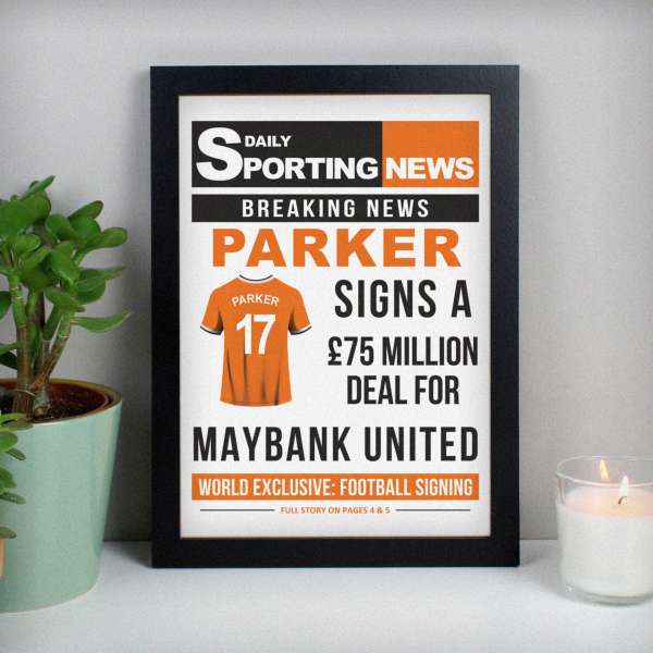 (image for) Personalised Football Signing Newspaper A4 Black Framed Print - Click Image to Close