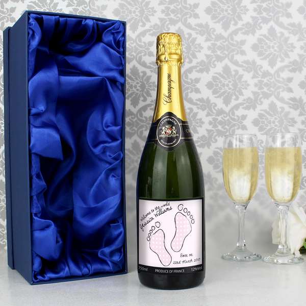 (image for) Personalised Baby Footprint Pink Champagne with Gift Box - Click Image to Close