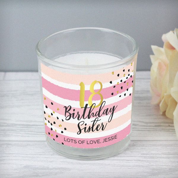 (image for) Personalised Birthday Gold and Pink Stripe Scented Jar Candle - Click Image to Close