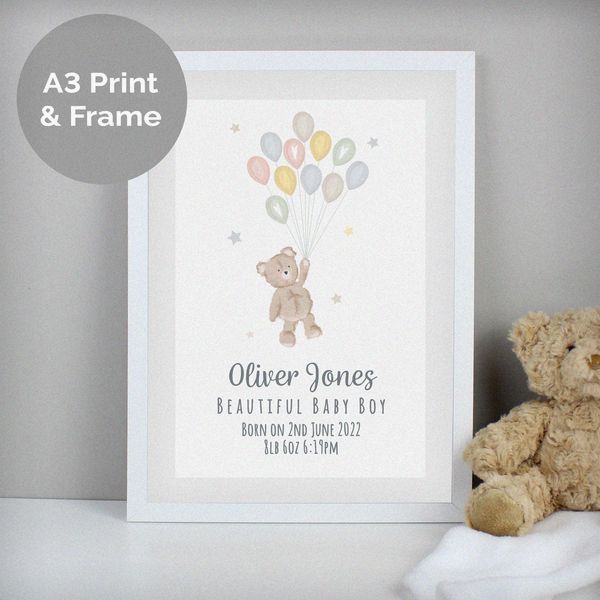 (image for) Personalised Teddy & Balloons A3 White Framed Print - Click Image to Close