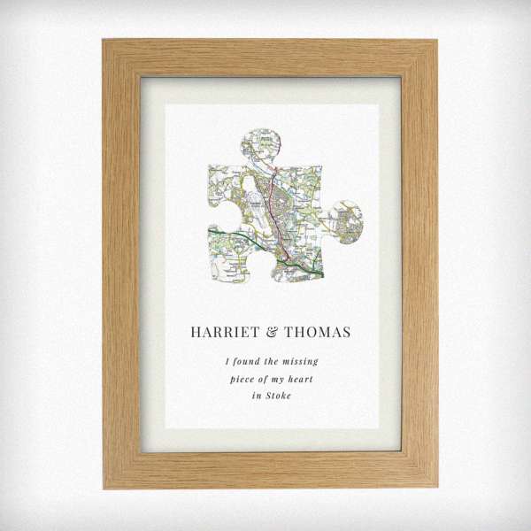 Modal Additional Images for Personalised Present Day Map Puzzle Piece A4 Oak Framed Print