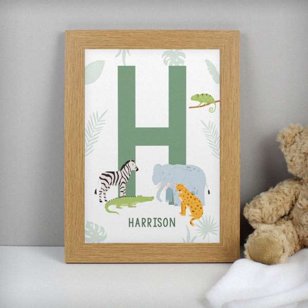 (image for) Personalised Safari Animals Initial A4 Oak Framed Print - Click Image to Close