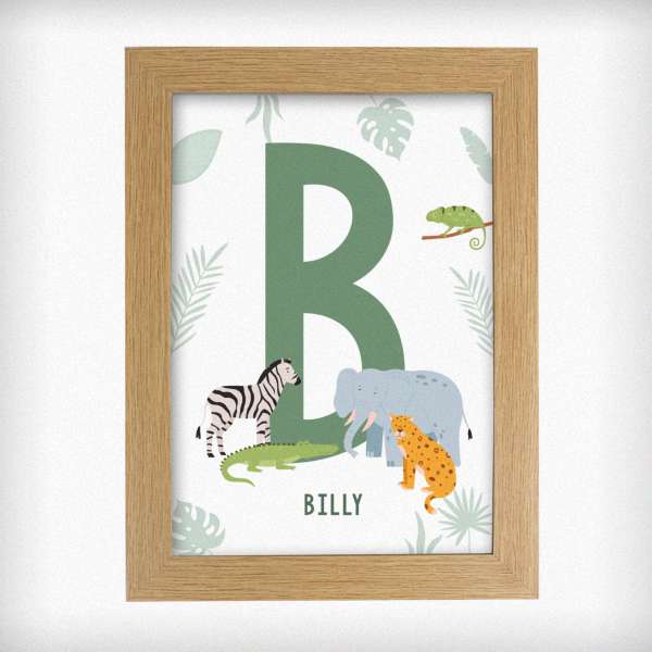 (image for) Personalised Safari Animals Initial A4 Oak Framed Print - Click Image to Close