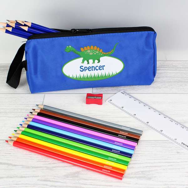 (image for) Blue Dinosaur Pencil Case with Personalised Pencils & Crayons - Click Image to Close