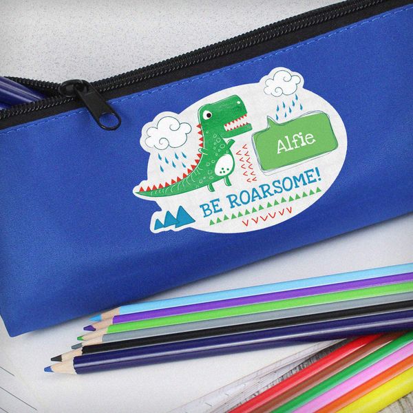 Modal Additional Images for Personalised 'Be Roarsome' Dinosaur Blue Pencil Case