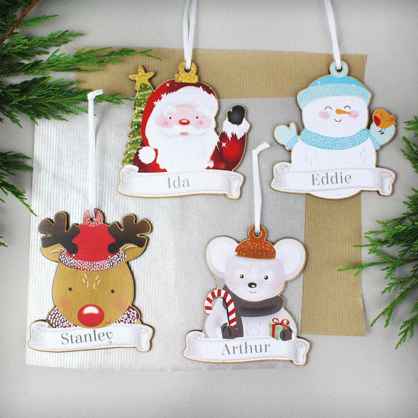 Modal Additional Images for Personalised Set of Four Colourful Christmas Characters Wooden Hanging Decorations