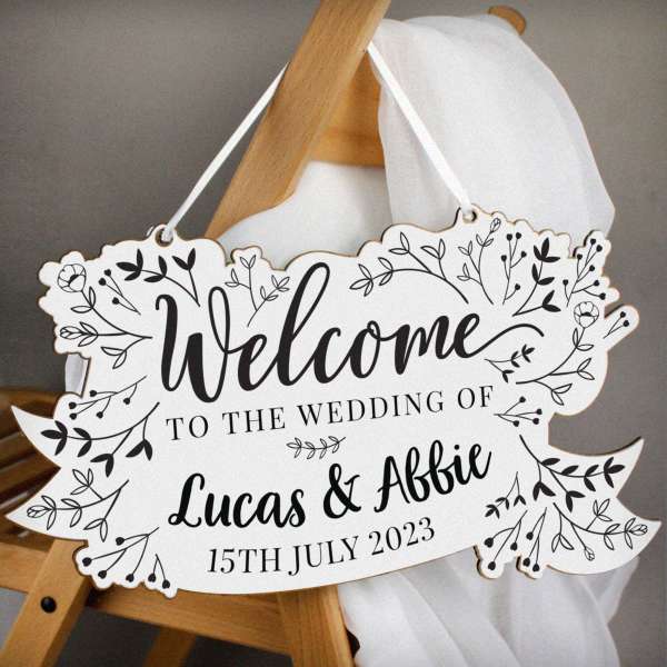 (image for) Personalised Monochrome Floral Wedding Wooden Hanging Decoration - Click Image to Close