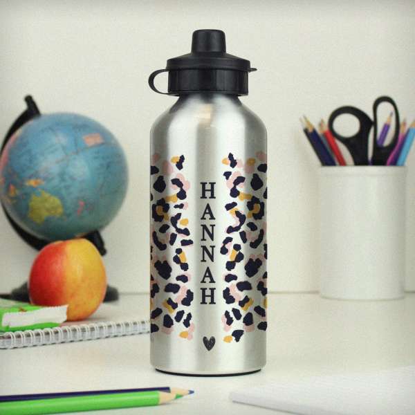 (image for) Personalised Leopard Print Silver Drinks Bottle - Click Image to Close
