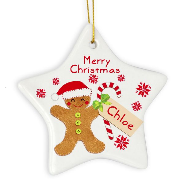 (image for) Personalised Felt Stitch Gingerbread Man Ceramic Star Decoration - Click Image to Close