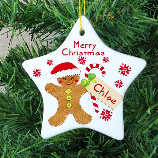 (image for) Personalised Felt Stitch Gingerbread Man Ceramic Star Decoration - Click Image to Close