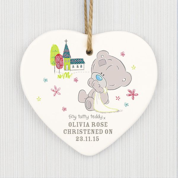 (image for) Personalised Tiny Tatty Teddy Christening Ceramic Heart Decoration - Click Image to Close