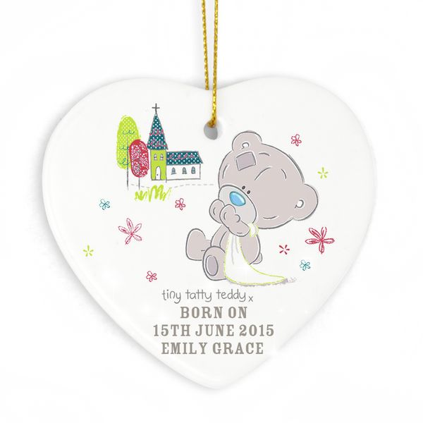 (image for) Personalised Tiny Tatty Teddy Christening Ceramic Heart Decoration - Click Image to Close
