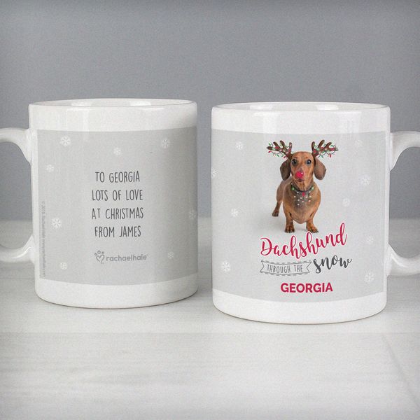(image for) Personalised Rachael Hale Dachshund Through the Snow Mug - Click Image to Close