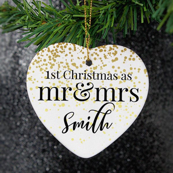 (image for) Personalised Mr and Mrs 1st Christmas Ceramic Heart Decoration - Click Image to Close
