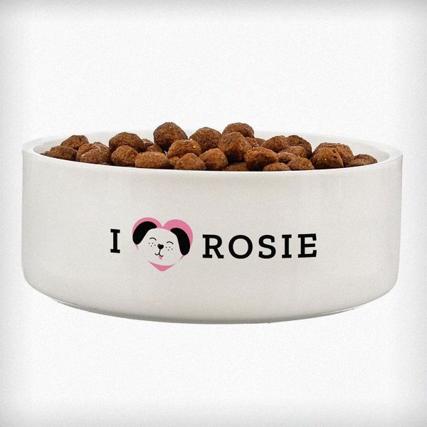 (image for) Personalised I Love my Dog - Cute Design 14cm Medium Ceramic White Pet Bowl - Click Image to Close