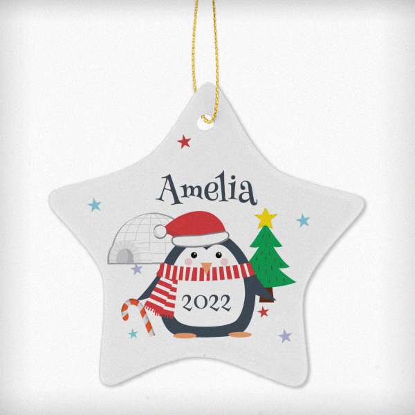 (image for) Personalised Christmas Penguin Ceramic Star Decoration - Click Image to Close