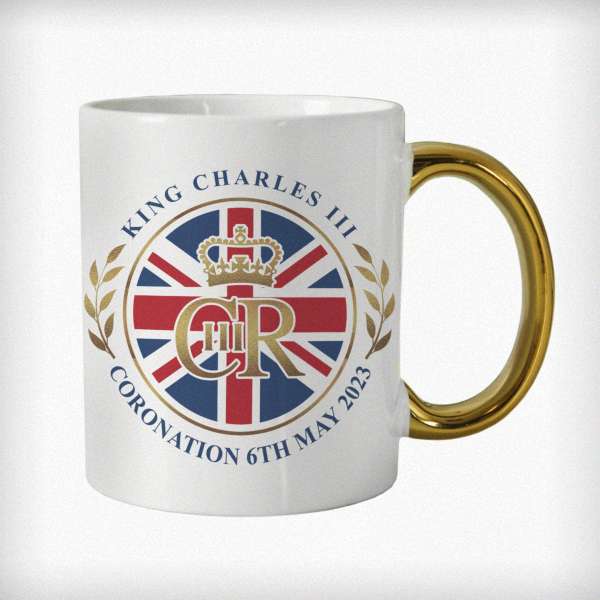 (image for) Personalised King Charles III Union Jack Coronation Commemorative Gold Handled Mug - Click Image to Close