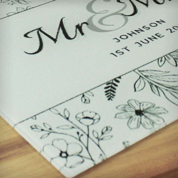 (image for) Personalised Mr & Mrs Botanical Glass Chopping Board/Worktop Saver - Click Image to Close