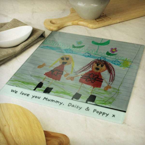 (image for) Personalised Childrens Drawing Photo Upload Glass Chopping Board/Worktop Saver - Click Image to Close
