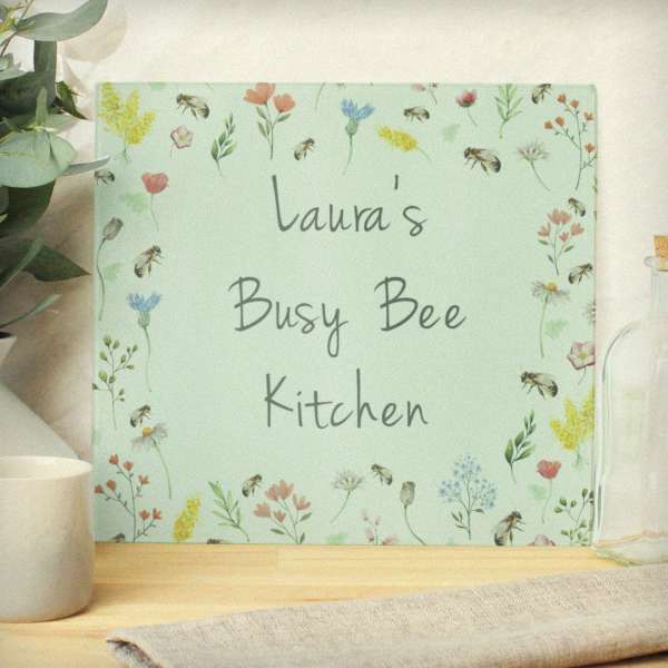 (image for) Personalised Busy Bee Glass Chopping Board/Worktop Saver - Click Image to Close