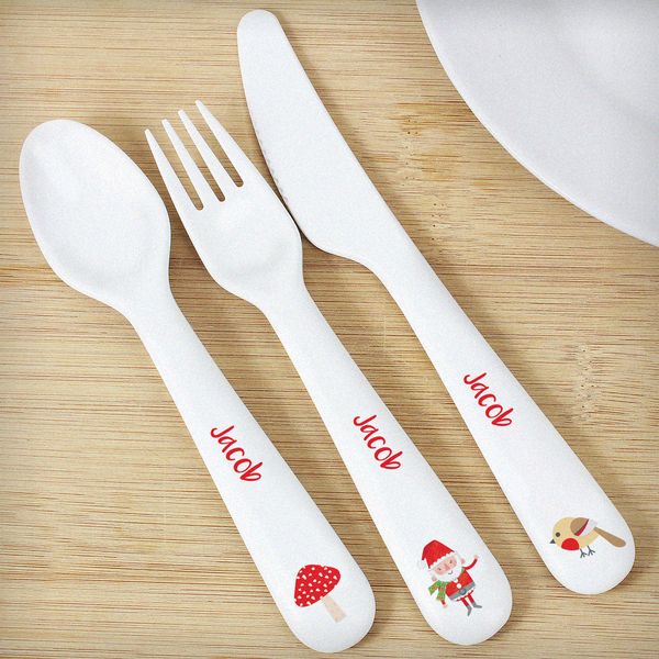 (image for) Personalised Christmas Toadstool Santa 3 Piece Plastic Cutlery Set - Click Image to Close