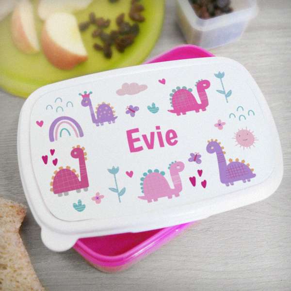 (image for) Personalised Girly Dinosaurs Name Only Pink Lunch Box - Click Image to Close