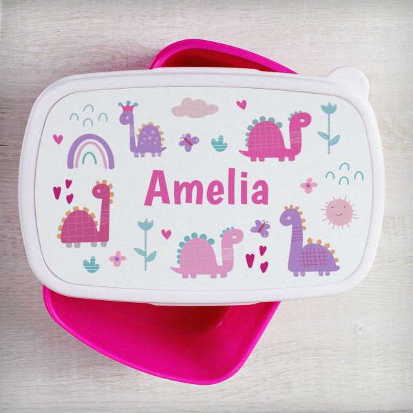 (image for) Personalised Girly Dinosaurs Name Only Pink Lunch Box - Click Image to Close