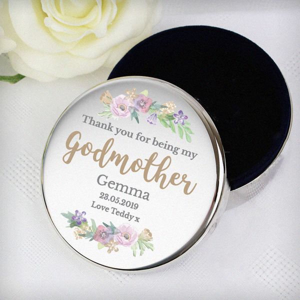 (image for) Personalised Godmother 'Floral Watercolour' Round Trinket Box - Click Image to Close