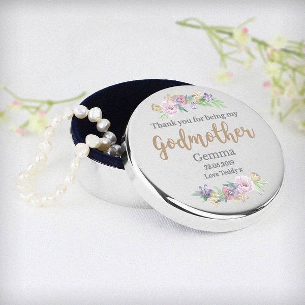 Modal Additional Images for Personalised Godmother 'Floral Watercolour' Round Trinket Box