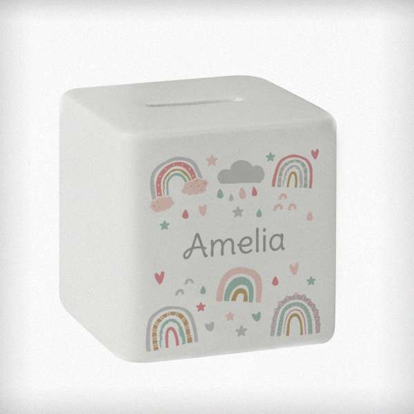 (image for) Personalised Rainbow Ceramic Square Money Box - Click Image to Close
