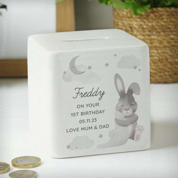 (image for) Personalised Baby Bunny Ceramic Square Money Box - Click Image to Close