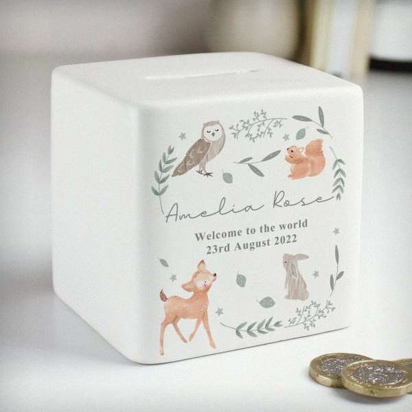 (image for) Personalised Woodland Animals Ceramic Square Money Box - Click Image to Close
