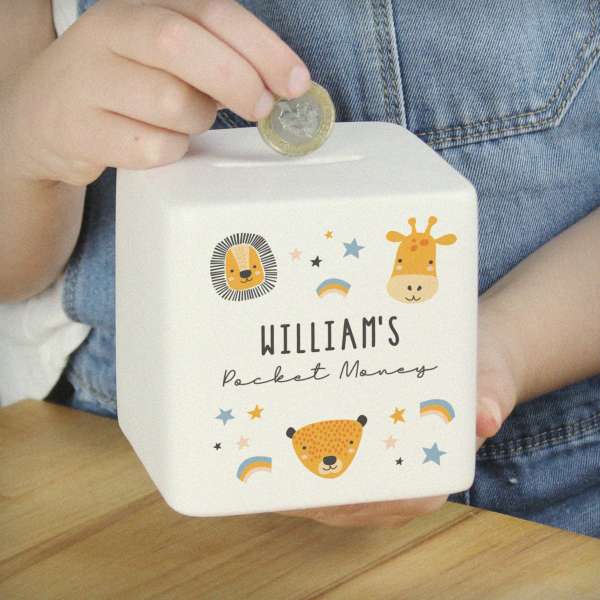 Modal Additional Images for Personalised Scandi Safari Animals Ceramic Square Money Box